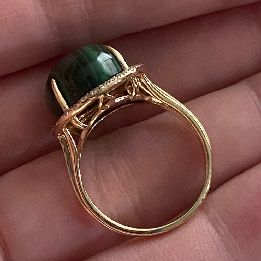 1980s Malachite 14kt Gold Ring With .50ct Diamonds, Approximate Size 7.5 - 8.5 - Picture 13 of 15